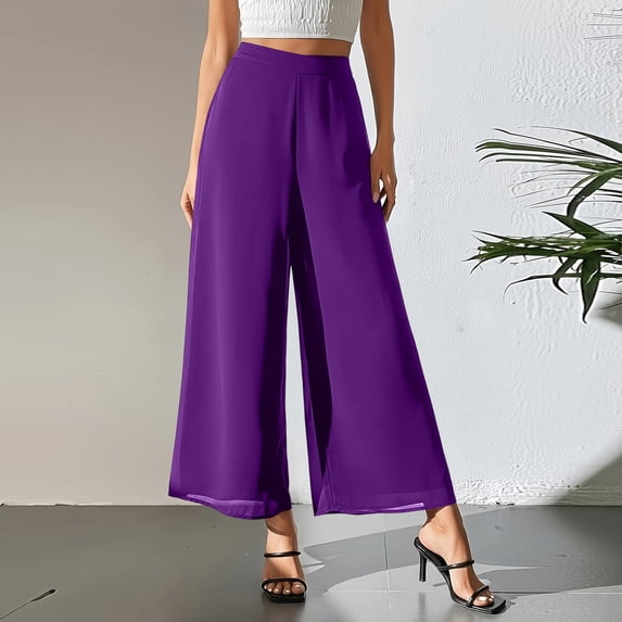 Women's Wide Leg Dress Chiffon Pant Elegant Party Elastic Waist Trouser with Pockets Purple S