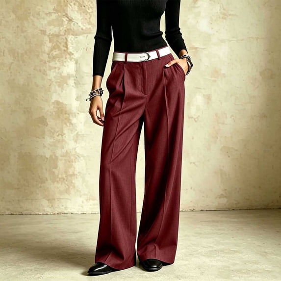 Women's Wide Leg Dress Pants, High Waisted Trousers with Belt Loop and Side Pockets, Business Casual Pants for Office | VerBelle,Wine L