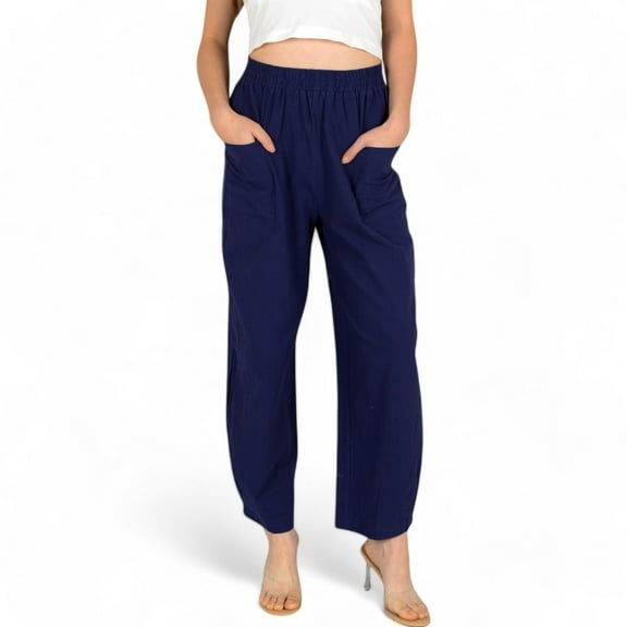 Women's Wide-Leg Elastic Waist Pants with Side Pockets - Large, Navy