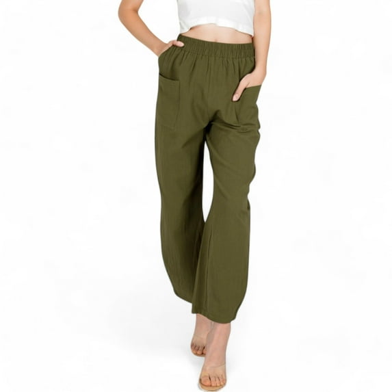 Women's Wide-Leg Elastic Waist Pants with Side Pockets - Large, Olive Green