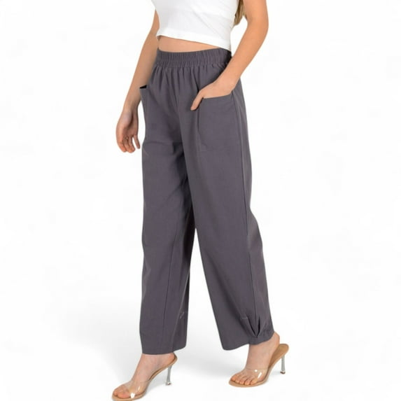Women's Wide-Leg Elastic Waist Pants with Side Pockets - Small, Gray
