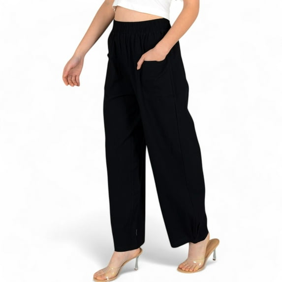 Women's Wide-Leg Elastic Waist Pants with Side Pockets - X Large, Black