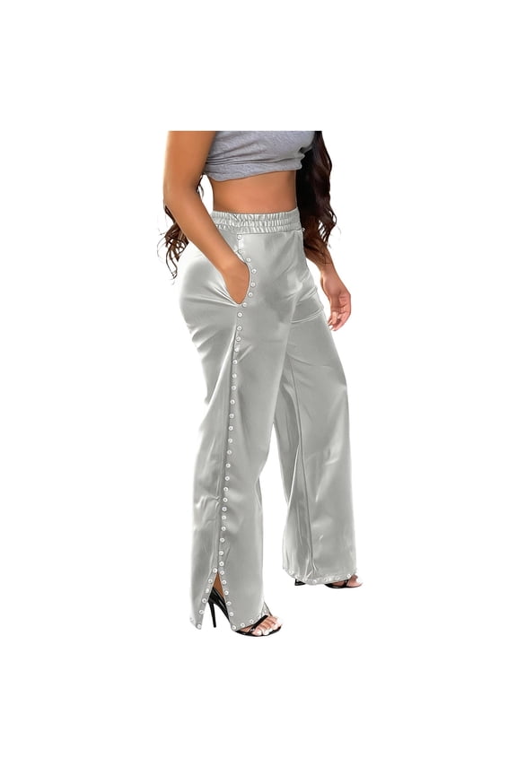 Women's Wide Leg Faux Leather Pants High Elastic Waisted Fashion Rivets Baggy Trousers with Pockets Barrel Slacks