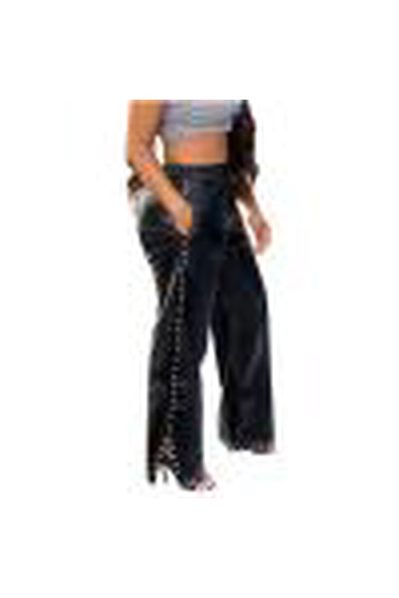 Women's Wide Leg Faux Leather Pants Slit Side Rivets Pearls Elastic Waist Beggy Trousers with Pockets Streetwear