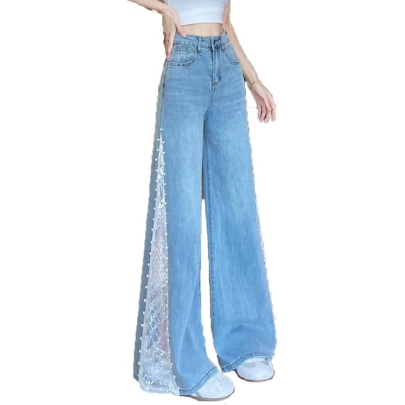 Women's Wide Leg Flared Jeans Hollow Lace Detail Beaded Denim Pants for Weekend Gatherings