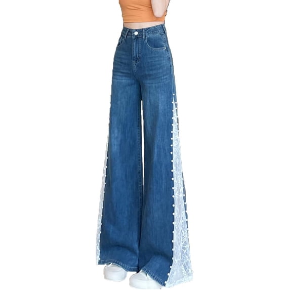 Women's Wide Leg Flared Jeans Hollow Lace Detail Beaded Denim Pants for Weekend Gatherings