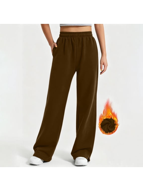 Women's Wide Leg Fleece Sweatpants Solid Color Elastic Waist Side Pockets Split Hem Loose Warm Casual Athletic Long Pants, Womens Wide Leg Sweatpants Brown L