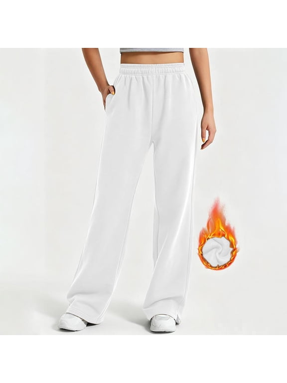 Women's Wide Leg Fleece Sweatpants Solid Color Elastic Waist Side Pockets Split Hem Loose Warm Casual Athletic Long Pants, Womens Wide Leg Sweatpants White XXL
