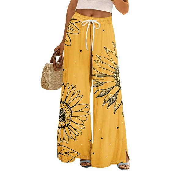 Women's Wide Leg Floral Print Palazzo Pants High Waist Drawstring Casual Loose Summer Beach Trousers with Pockets