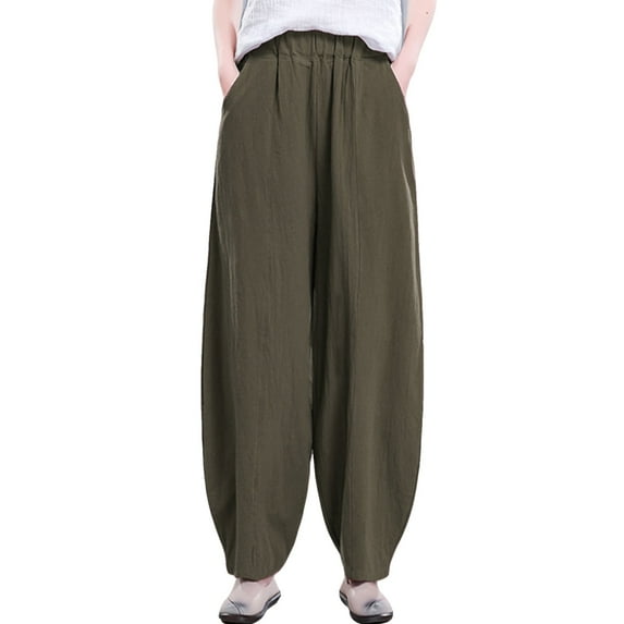Women's Wide Leg Harem Pants Summer Cotton Linen Baggy Pant Elastic Waist Palazzo Trousers Armygreen XL