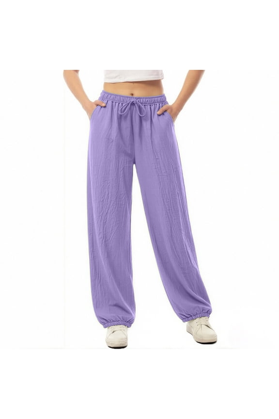 Women's Wide Leg High Waist Drawstring Lightweight Pants Cotton Lounge Casual Side Summer Clothes with Pockets