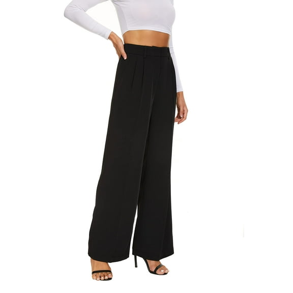 Women's Wide Leg High Waist Pants Loose Fit Back Elastic Waist Pleated Front Trousers for Work Casual