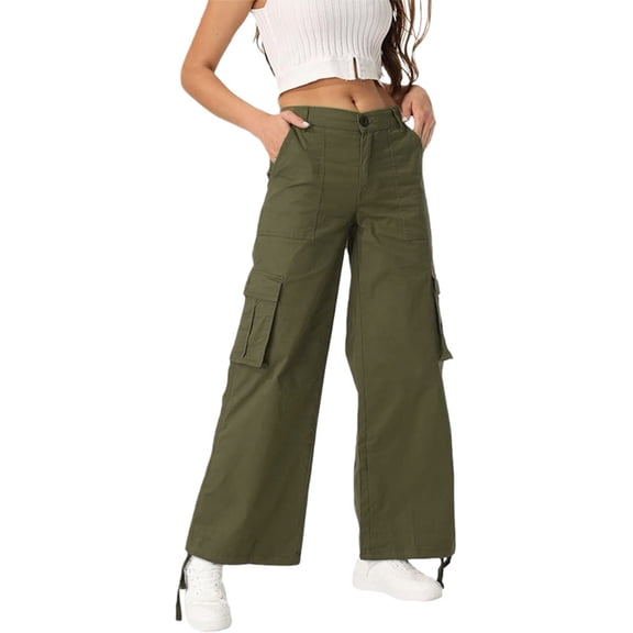 Women's Wide Leg High Waisted Multi Pocket Loose Fit Cargo Trousers, Utility Straight Leg Pants, Casual Military Style Pants for Women with Drawstring,Army Green,S