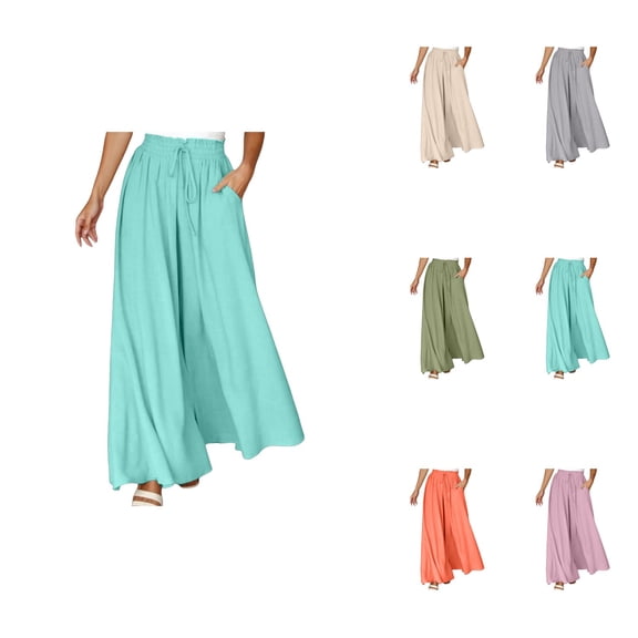 Women's Wide Leg High Waisted Yoga Pants, Casual Comfy Drawstring Palazzo Culottes with Elastic Waist, Boho Beach & Plus Size Hippie Style