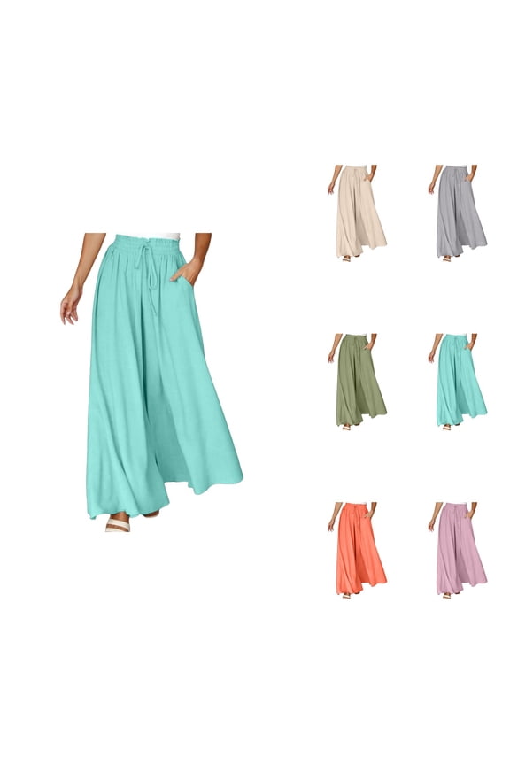 Women's Wide Leg High Waisted Yoga Pants, Casual Comfy Drawstring Palazzo Culottes with Elastic Waist, Boho Beach & Plus Size Hippie Style