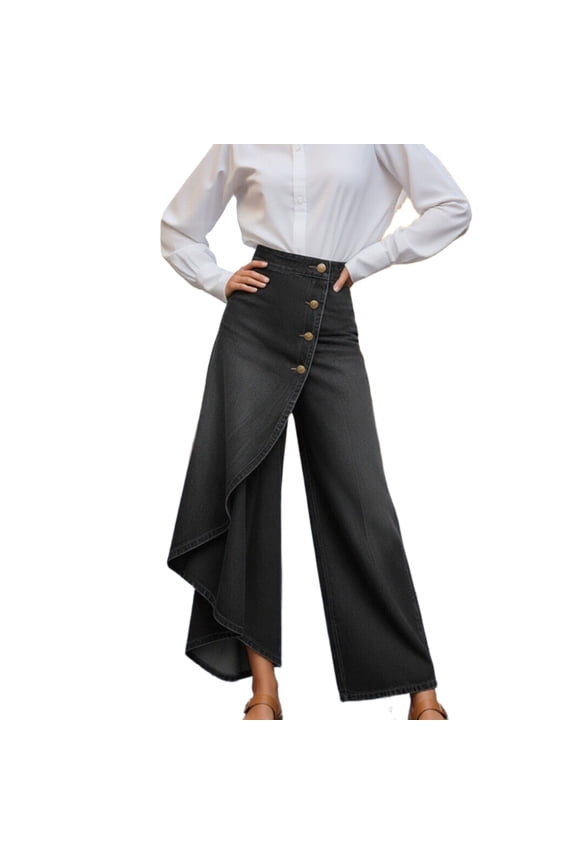 Women's Wide Leg Jeans Button Up - High Waisted Flowy Baggy Denim Pants with Side Split Slit Distressed Hem Y2K Jeans Trendy Casual Summer Trousers(Black/XXL)