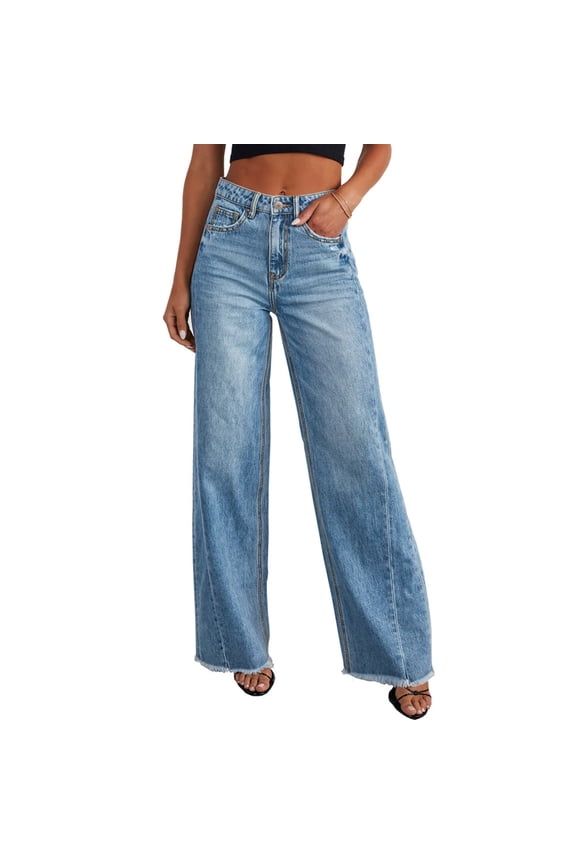 Women's Wide Leg Jeans Casual Baggy Denim Pants with Frayed Raw Hem