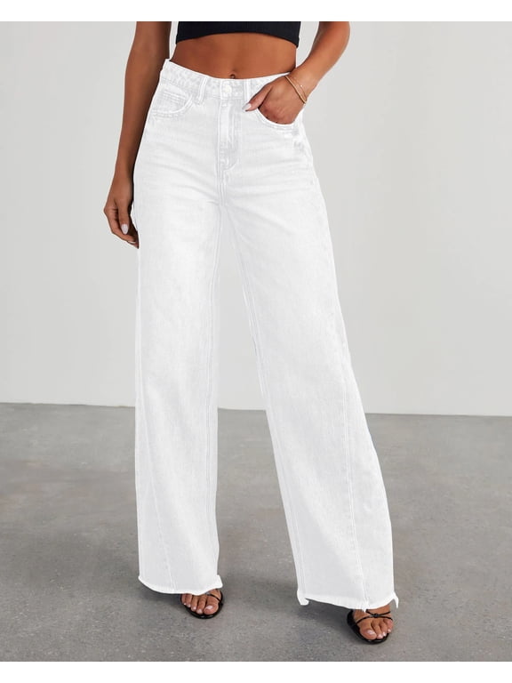 Women's Wide Leg Jeans Casual Baggy Denim Pants with Frayed Raw Hem
