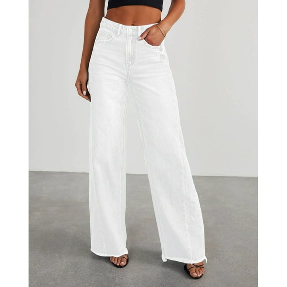 Women's Wide Leg Jeans Casual Baggy Denim Pants with Frayed Raw Hem