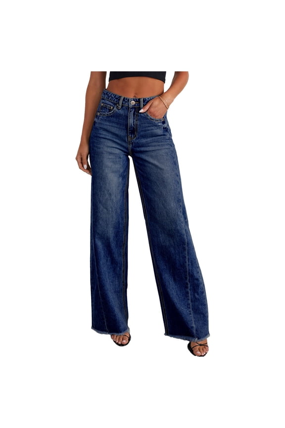Women's Wide Leg Jeans Casual Baggy Denim Pants with Frayed Raw Hem