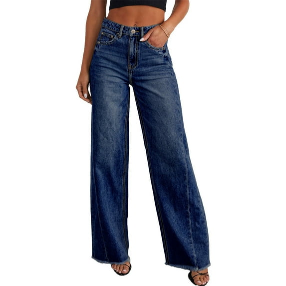 Women's Wide Leg Jeans Casual Baggy Denim Pants with Frayed Raw Hem