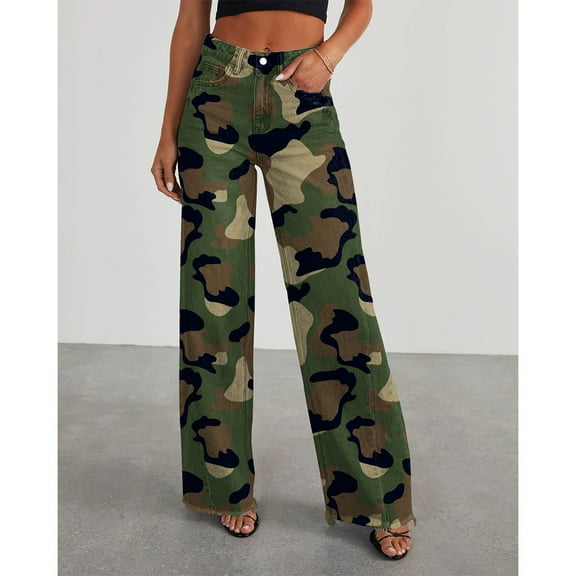 Women's Wide Leg Jeans Casual Baggy Denim Pants with Frayed Raw Hem