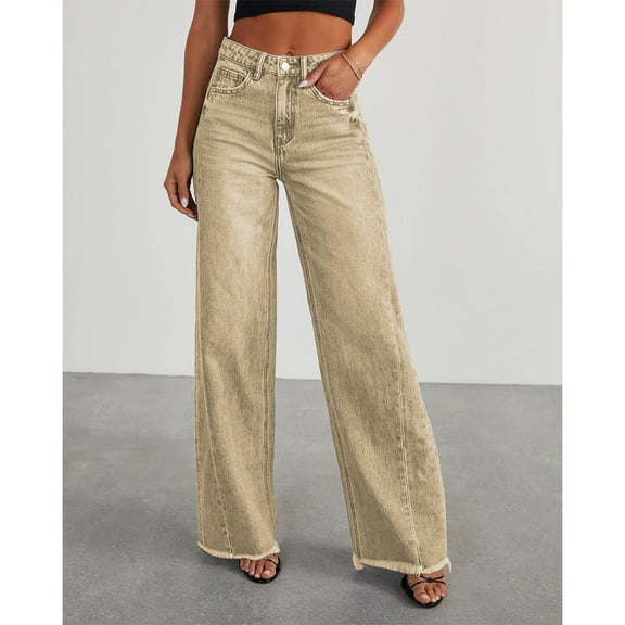 Women's Wide Leg Jeans Casual Baggy Denim Pants with Frayed Raw Hem