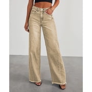 Womens Wide Leg Jeans Casual Baggy Denim Pants with Frayed Raw Hem