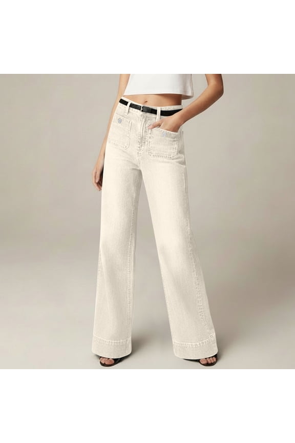 Women's Wide Leg Jeans Casual High Waisted Stretch Denim Pants Trendy Baggy Straight Leg Trousers with Pockets Beige M