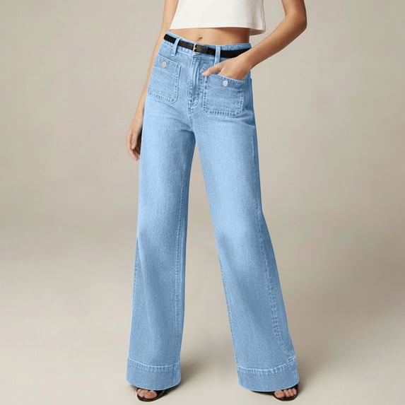 Women's Wide Leg Jeans Casual High Waisted Stretch Denim Pants Trendy Baggy Straight Leg Trousers with Pockets Light Blue L