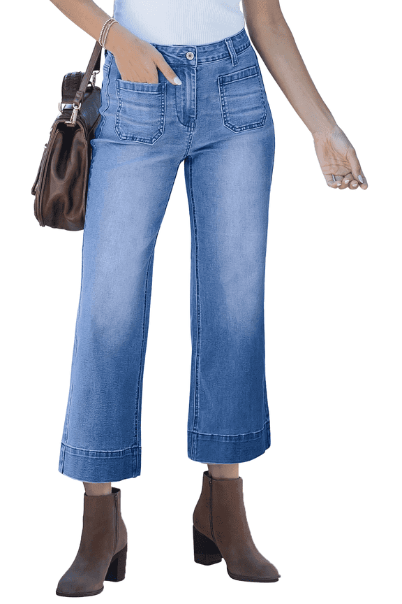 Women's Wide Leg Jeans Denim Pants Crop Flare Leg Jeans High Waisted Stretchy Straight Leg with Buttoned AnklesTrendy Casual with Pocket Light Blue