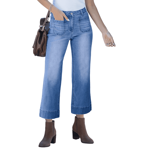Women's Wide Leg Jeans Denim Pants Crop Flare Leg Jeans High Waisted Stretchy Straight Leg with Buttoned AnklesTrendy Casual with Pocket Light Blue