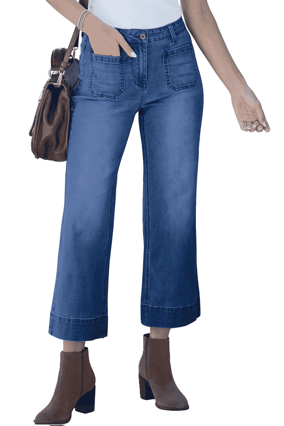 Women's Wide Leg Jeans Denim Pants Crop Flare Leg Jeans High Waisted Stretchy Straight Leg with Buttoned AnklesTrendy Casual with Pocket Darkness Blue