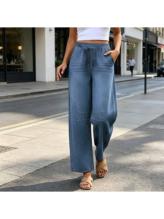Women's Wide Leg Jeans Elastic Waist High Waisted Loose Fit Denim Pants Casual Pull on Trousers with Side Pockets Stretchy Comfortable Daily Wear