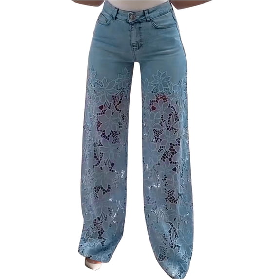 Women's Wide Leg Jeans Fashion Casual Solid Pocket Pants Lace Patchwork Hole Trousers Women's Jeans