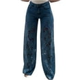 thumbnail image 1 of Women's Wide Leg Jeans Fashion Casual Solid Pocket Pants Lace Patchwork Hole Trousers Women's Jeans, 1 of 6