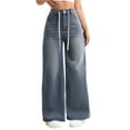 thumbnail image 1 of Women's Wide Leg Jeans High Rise Drawstring Button Trousers Baggy Boyfriend Denim Pants with Pockets, 1 of 1