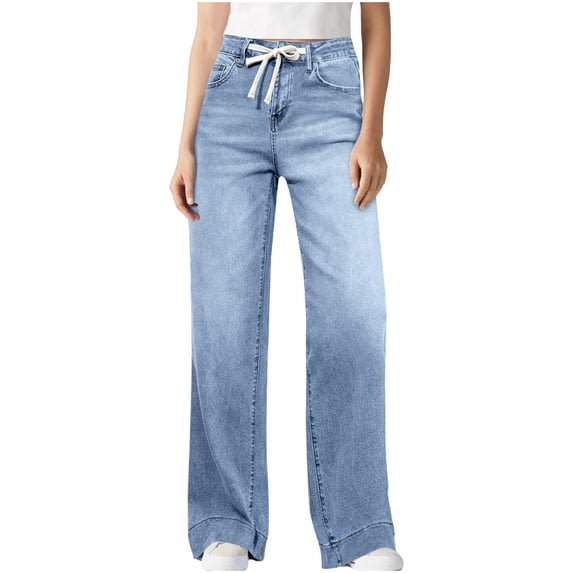 Women's Wide Leg Jeans High Waist Elastic Tube Loose Drawstring Stretchy Tummy Control Straight Leg Denim Pants