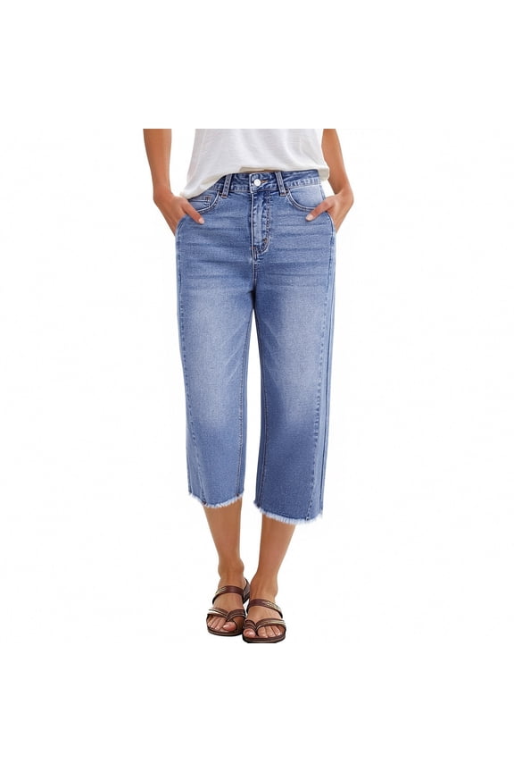 Women's Wide-Leg Jeans High-Waist Tummy-Control Stretch Jeans with Front Pockets and Straight Legs