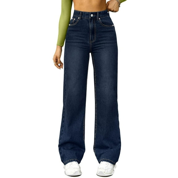 Women's Wide Leg Jeans High Waisted Denim Pants Stretchy Casual Baggy Straight Leg Loose Fit Jeans for Women Dark Blue XL
