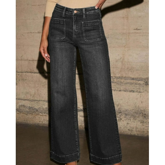 Women's Wide Leg Jeans High Waisted Straight Leg Stretchy Denim Pants with Pockets
