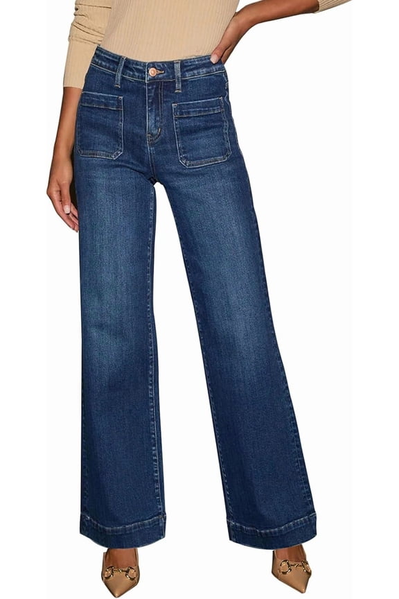 Women's Wide Leg Jeans High Waisted Straight Leg Stretchy Denim Pants with Pockets