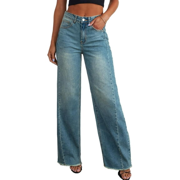 Women's Wide Leg Jeans High Waisted Strechy Raw Hem Denim Pants