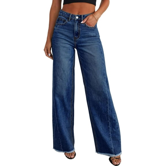 Women's Wide Leg Jeans High Waisted Strechy Raw Hem Denim Pants