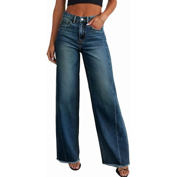 Women's Wide Leg Jeans High Waisted Strechy Raw Hem Denim Pants