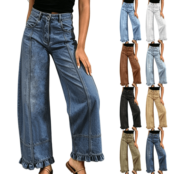 Women's Wide Leg Jeans High Waisted Stretchy Denim Jean Solid Casual Trendy Baggy Ruffle Hem Pants