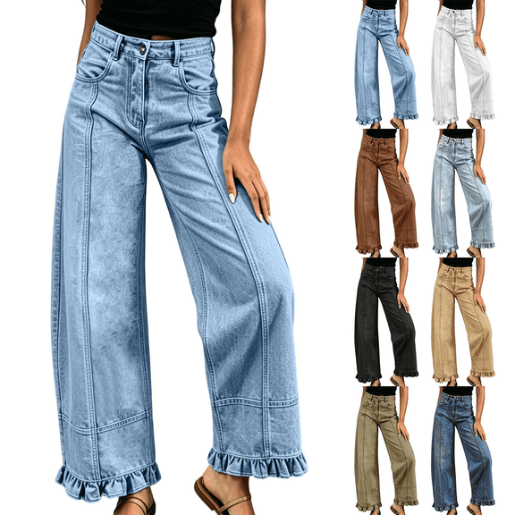 Women's Wide Leg Jeans High Waisted Stretchy Denim Jean Solid Casual Trendy Baggy Ruffle Hem Pants