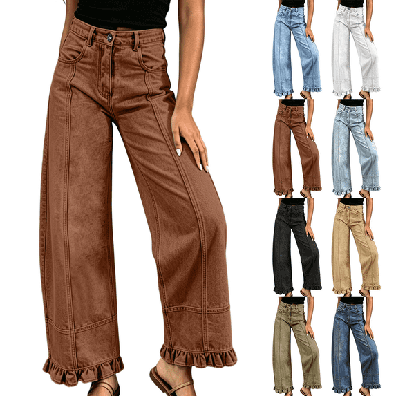 Women's Wide Leg Jeans High Waisted Stretchy Denim Jean Solid Casual Trendy Baggy Ruffle Hem Pants