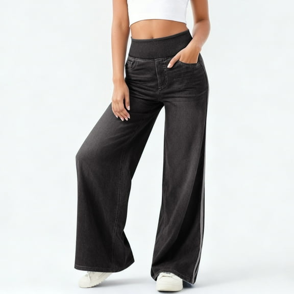Women's Wide Leg Jeans High Waisted Stretchy Denim Pants (Black L)