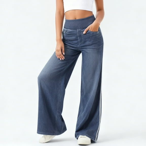 Women's Wide Leg Jeans High Waisted Stretchy Denim Pants (Blue L)